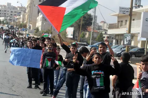 Palestinian protesters hold placards and flags during a demonstration in solidarity with Palestinian prisoners in Israeli jails, in the West Bank City of Ramallah, November 13, 2013. A human rights report said on Tuesday...