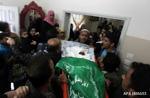 Palestinians mourners carry the body of Mohamed Bahloul, 34, during his funeral in Gaza city, on Nov. 19, 2013. Bahloul was killed and four others were injured Tuesday morning in an explosion in Tal al-Hawa neighborhood...