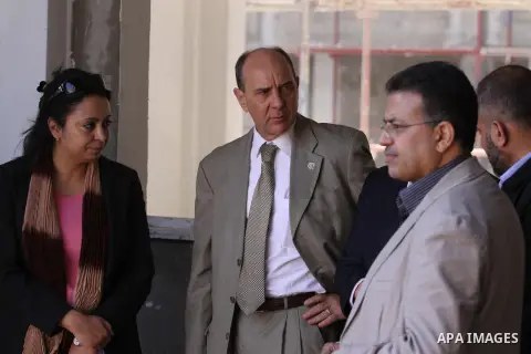 Coordinator of Humanitarian Affairs in the United Nations James Rowley inside the school in Jabalya in the northern Gaza Strip on Nov. 21, 2013. James Rowley announced the suspension of projects of UNRWA in the Gaza Stri...