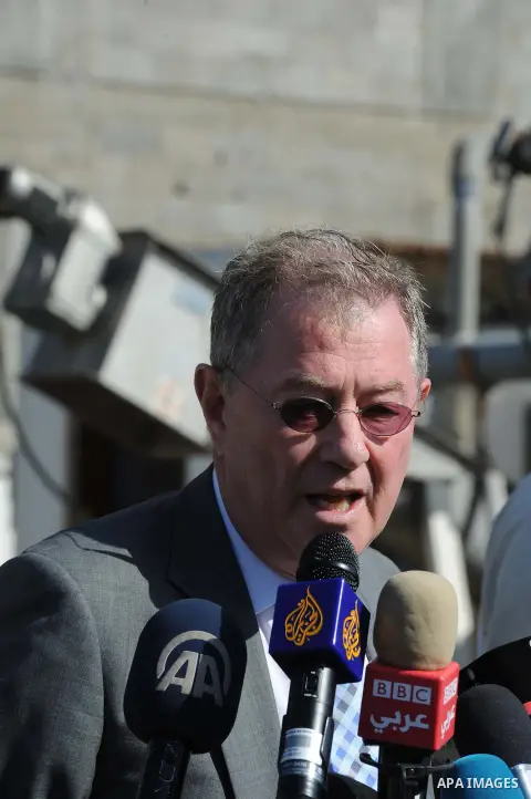 The United Nations Special envoy for the Middle East Robert H. Serry, speaks to media after inspects sanitation following a sewerage pipe in the Zeitoun neighborhood flooded, after the pumps stopped due to lack of fuel a...