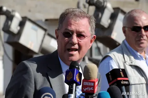The United Nations Special envoy for the Middle East Robert H. Serry, speaks to media after inspects sanitation following a sewerage pipe in the Zeitoun neighborhood flooded, after the pumps stopped due to lack of fuel a...