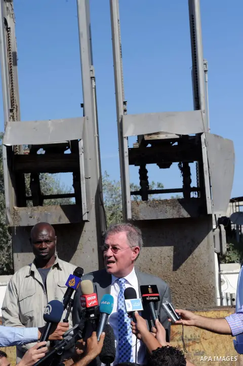 The United Nations Special envoy for the Middle East Robert H. Serry, speaks to media after inspects sanitation following a sewerage pipe in the Zeitoun neighborhood flooded, after the pumps stopped due to lack of fuel a...