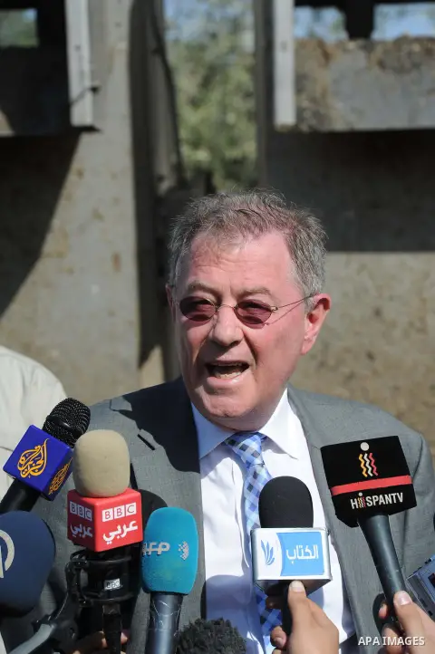 The United Nations Special envoy for the Middle East Robert H. Serry, speaks to media after inspects sanitation following a sewerage pipe in the Zeitoun neighborhood flooded, after the pumps stopped due to lack of fuel a...