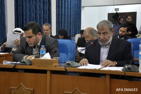 Palestinian Hamas leader Mahmoud al-Zahar, attends the meeting with members of the Palestinian Legislative Council, at the Legislative Council, in Gaza City on Dec. 04, 2013. Photo by Mohammed Talatene