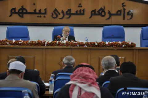 The spokesman of the Palestinian Parliament in Gaza Strip, Ahmed Bahar meets with Members of the Palestinian Legislative council at the Legislative Council, in Gaza City on Dec. 04, 2013. Photo by Mohammed Talatene