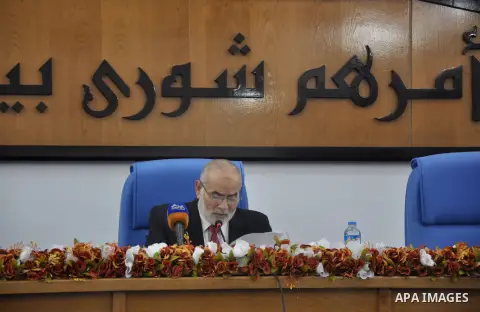 The spokesman of the Palestinian Parliament in Gaza Strip, Ahmed Bahar meets with Members of the Palestinian Legislative council at the Legislative Council, in Gaza City on Dec. 04, 2013. Photo by Mohammed Talatene