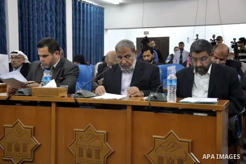 Palestinian Hamas leader Mahmoud al-Zahar, attends the meeting with members of the Palestinian Legislative Council, at the Legislative Council, in Gaza City on Dec. 04, 2013. Photo by Mohammed Talatene