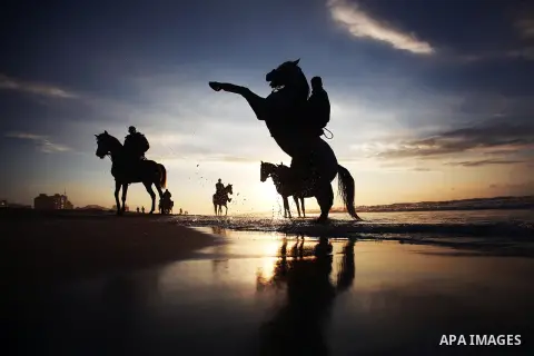 Palestinians ride horses during the sunset on the beach of Gaza City, Dec. 06, 2013. British human rights organization Amnesty International condemned the Israeli blockade on the Gaza Strip in a statement released on Mon...
