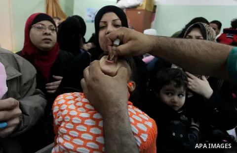 A Palestinian health worker administrates polio-vaccine drops to a child during five days of an anti-polio campaign, in Gaza City on December 09, 2013. The Minister of Health in Gaza Strip, Mufid al-Mokhalalaty, said on...