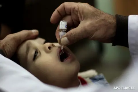 A Palestinian health worker administrates polio-vaccine drops to a child during five days of an anti-polio campaign, in Gaza City on December 09, 2013. The Minister of Health in Gaza Strip, Mufid al-Mokhalalaty, said on...