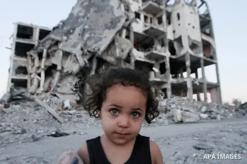 A Palestinian girl poses for a picture in front of houses, which witnesses said were destroyed in an Israeli offensive, during a 72-hour truce in Beit Lahiya town in the northern Gaza Strip August 12, 2014. Talks to end...