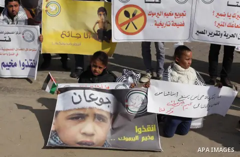 Palestinians take part in a protest to show solidarity with Palestinian refugees in Syria's main refugee camp Yarmouk, in front of the Red Cross in Gaza January 11, 2014. Photo by Ashraf Amra