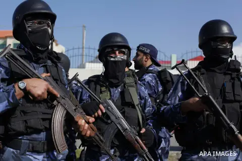 Palestinian police forces stand ready during preparations to mark the anniversary of former Palestinian interior minister Said Siam's, in Gaza City on January 11, 2013. Photo by Ashraf Amra