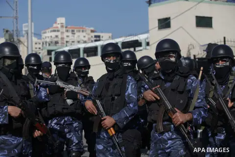 Palestinian police forces stand ready during preparations to mark the anniversary of former Palestinian interior minister Said Siam's, in Gaza City on January 11, 2013. Photo by Ashraf Amra