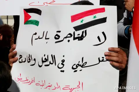 Palestinian protesters wave national and Democratic Front for the Liberation of Palestine flags and hold placards during a demonstration in solidarity with Palestinian refugees in Yarmouk refugee camp in the suburbs of t...