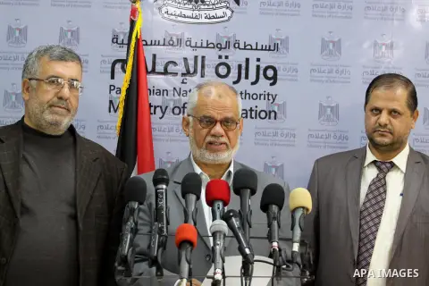 Palestinian Minister of Justice, Atallah Abu Subbah, speaks during a press conference, in Gaza city on Feb. 26, 2014. Photo by Mohammed Asad