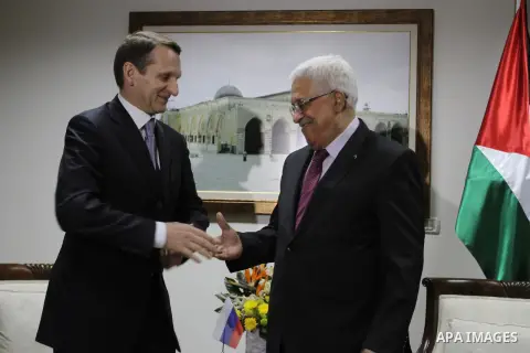 Palestinian President Mahmoud Abbas meets with the Chairman of the Russian State Duma Sergei Naryshkin at Abbas Office in the West Bank city of Ramallah on February 26, 2014. apaimages/Issam Rimawi-POOL