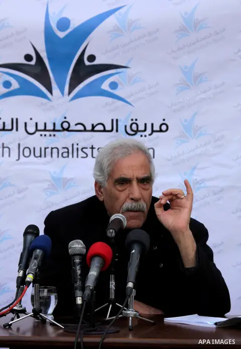 Fatah movement Leader Ibrahim Abu-Naja ,speaks during a press conference in Gaza city, Feb. 27, 2014. Photo by Ashraf Amra