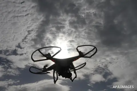 A drone plane with a camera launched by remote control during a test at al Yarmouk Stadium in Gaza city, on March 1, 2014. Palestinian company "Media Town" imported a drone plane is dedicated to film and media production...