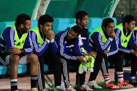 Egyptian players of al-zamalek club compete with kabuscorp sport club during their African Cup soccer match at the sports flowers club's headquarters in Cairo, capital of Egypt, on March 1, 2014. Photo by Mohammed Bendar...
