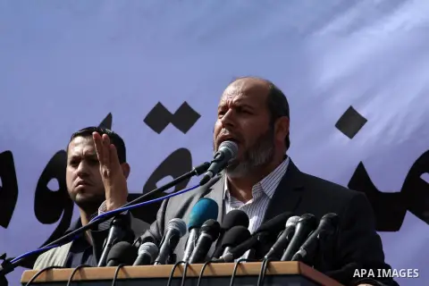 Palestinian Hamas leader Khalil al-Haiya, give a speech during demonstration against the Egyptian banned of Hamas activities in Egypt, in Gaza City on March 07, 2014. An Egyptian court on March 04, banned all activities...