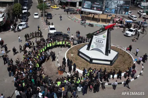 A model of homemade M75 rocket is seen placed in a marble pace in the middle of a square in Gaza City on March 10, 2014. Hamas fired M75 rockets at Tel Aviv and Jerusalem in the 2012 eight-day fighting with Israel. Israe...