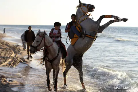 Palestinians ride horse during a hot weather at the beach of Gaza city, on March 28, 2014. Photo by Mohammed Asad