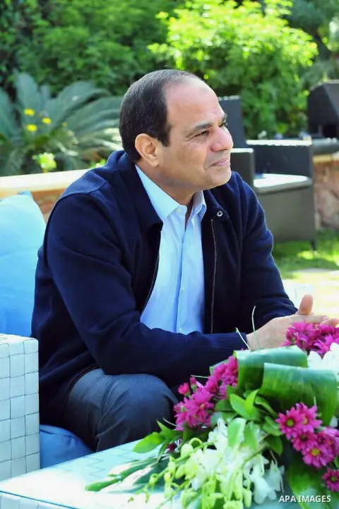 A handout photo made available by his official campaign shows Egyptian presidential hopeful Abdel Fattah al-Sissi looking pn during a meeting with a delegation from Nubia, in Cairo, Egypt, 01 April 2014. Egypt's presiden...