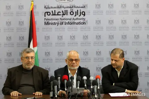 Palestinian Minister of Justice in Gaza strip, Atallah Abu Subbah, speaks during a press conference, in Gaza city on April 03, 2014. Photo by Mohammed Asad