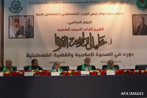 Palestinian Prime Minister in Gaza strip, Ismail Haniyeh, attends the school day during the anniversary of the departure of Sheikh Khalil Quqa in Gaza City, on April 10, 2014. Photo by Mohammed Asad
