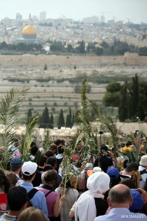 Catholic pilgrims take part in the traditional Palm Sunday procession from Mt. Olives to Jerusalem's Old City on April 13, 2014. The ceremony is a landmark in the Christian calendar, marking the triumphant return of Chri...