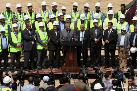 Palestinian Prime Minister in Gaza Strip Ismail Haniyeh, visits the construction site of Hamad City, in Khan Younis in the southern Gaza Strip, April 16, 2014. Qatar funds several large economic projects in Gaza Strip ru...
