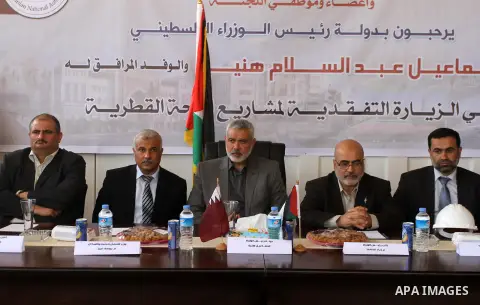 Palestinian Prime Minister in Gaza Strip Ismail Haniyeh, visits the construction site of Hamad City, in Khan Younis in the southern Gaza Strip, April 16, 2014. Qatar funds several large economic projects in Gaza Strip ru...