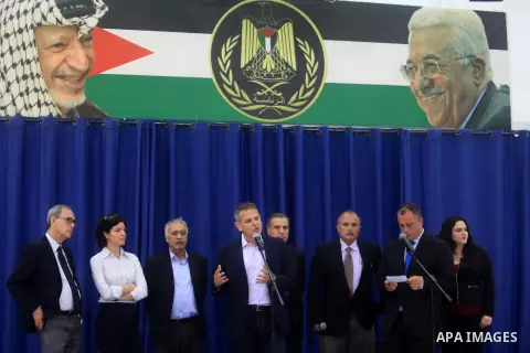 Israeli member of parliament Hilik Bar speaks to journalists alongside fellow Knesset (the Israeli Parliament) members following his meeting with Palestinian president Mahmoud Abbas in the West Bank city of Ramallah on A...