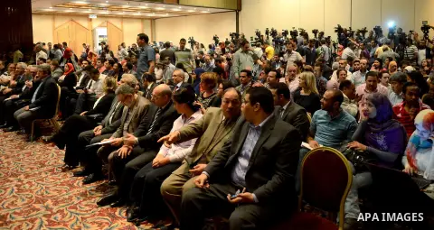 Egyptians attend during a press conference for leftist leader and presidential candidate Hamdeen Sabbahi on April 30, 2014 in Cairo. Sabbahi, who came third in the 2012 election, is seen by supporters as the only leader...