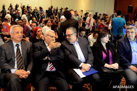 Egyptians attend during a press conference for leftist leader and presidential candidate Hamdeen Sabbahi on April 30, 2014 in Cairo. Sabbahi, who came third in the 2012 election, is seen by supporters as the only leader...