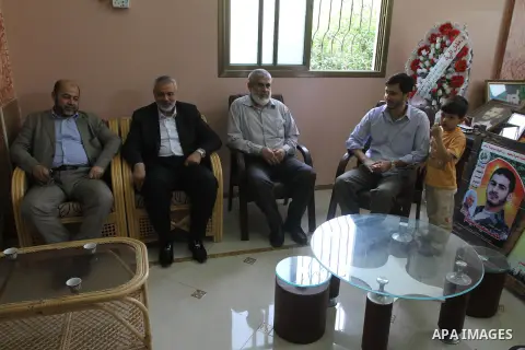 Palestinian prime minister, in Gaza strip, Ismail Haniyeh with Hamas deputy leader Musa Abu Marzuq, during a tour in Gaza City on May 03, 2014. Photo by Mohammed Asad