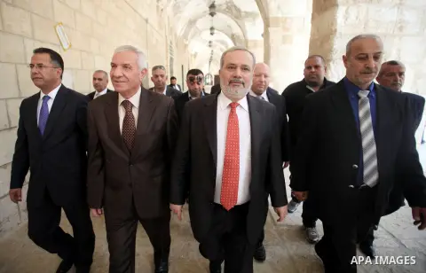 Jordanian Minister of religious affairs Hayel Dawood and Jordanian ambassador to Palestine Khaled Shawabkeh visit the al-Aqsa mosque, in Jerusalem's Old City on May 07, 2014. Photo by Saeed Qaq