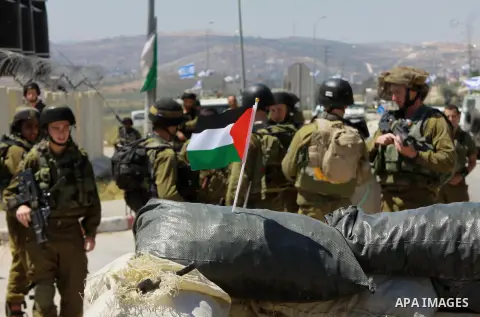 Israeli soldiers scuffle with Palestinian protesters holding Palestinian flags during a protest ahead of the 66th anniversary of Nakba, at Hawara checkpoint near the West Bank City of Nablus May 14, 2014. Palestinians wi...