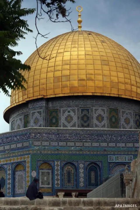 Palestinian muslim worshipers take part in Friday prayers outside the Dome of the Rock at the Al-Aqsa mosque compound in the Old City of Jerusalem on May 16, 2014. Photo by Saeed Qaq