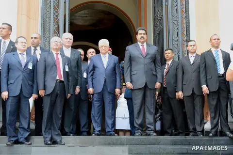 Palestinian President, Mahmoud Abbas meets with Venezuelan President Nicolas Maduro in Miraflores Palace in Caracas, Venezuela, on May 16, 2014. Mahmoud Abbas is making an official visit to Venezuela from May 15 to 17. P...