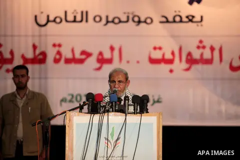 Palestinian Hamas leader Mahmoud Al-Zahar, speaks during the eighth National conference to maintain the Palestinian rights and constants, in Gaza City on May, 20, 2014. Photo by Ashraf Amra