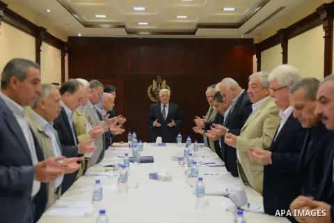 Palestinian President, Mahmoud Abbas (Abu Mazen) meets with members of the Central Committee of the Fatah movement, in the West Bank city of Ramallah on May 24, 2014. Photo by Thaer Ganaim