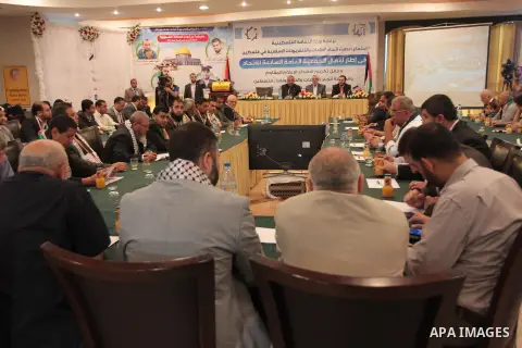 Palestinian prime minister in Gaza strip, Ismail Haniyeh attends a conference of the Islamic radios union, in Gaza city, on May 25, 2014. Photo by Mohammed Asad