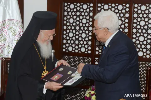 Ecumenical Orthodox Patriarch Bartholomew I of Constantinople meets Palestinian President Mahmoud Abbas in the West Bank city of Ramallah May 27, 2014. Photo by Thaer Ganaim