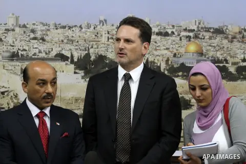 UN Relief and Works Agency (UNRWA) Commissioner-General Pierre Krahenbuhl, meets with Ministers of unity government in Gaza Strip, in Gaza City on June 11, 2014. Photo by Mohammed Asad