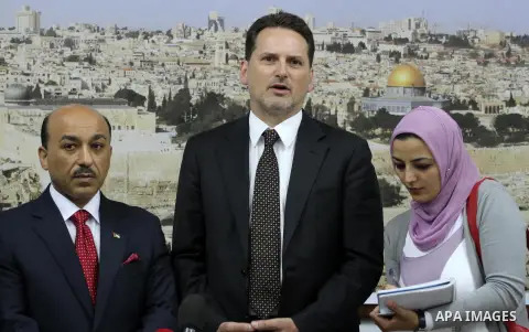 UN Relief and Works Agency (UNRWA) Commissioner-General Pierre Krahenbuhl, meets with Ministers of unity government in Gaza Strip, in Gaza City on June 11, 2014. Photo by Mohammed Asad