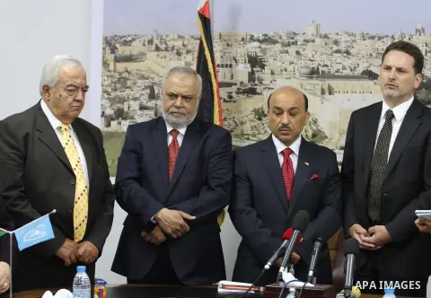 UN Relief and Works Agency (UNRWA) Commissioner-General Pierre Krahenbuhl, meets with Ministers of unity government in Gaza Strip, in Gaza City on June 11, 2014. Photo by Mohammed Asad