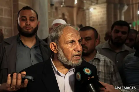 Senior Hamas leader Mahmoud Al-Zahar, attends the funeral of Hamas militants in Al-Omari Mosque in Gaza city, on June 21, 2014. Hamas' armed wing in Gaza said at least six members of its group, were killed in the collaps...