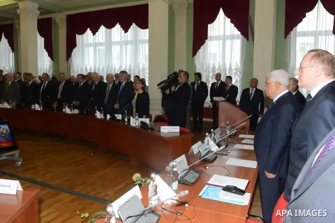 Palestinian President Mahmoud Abbas receives a honorary degree in Russian Diplomatic Academy in Moscow, on June 26, 2014. Abbas is on a visit to Russia. Photo by Thaer Ganaim